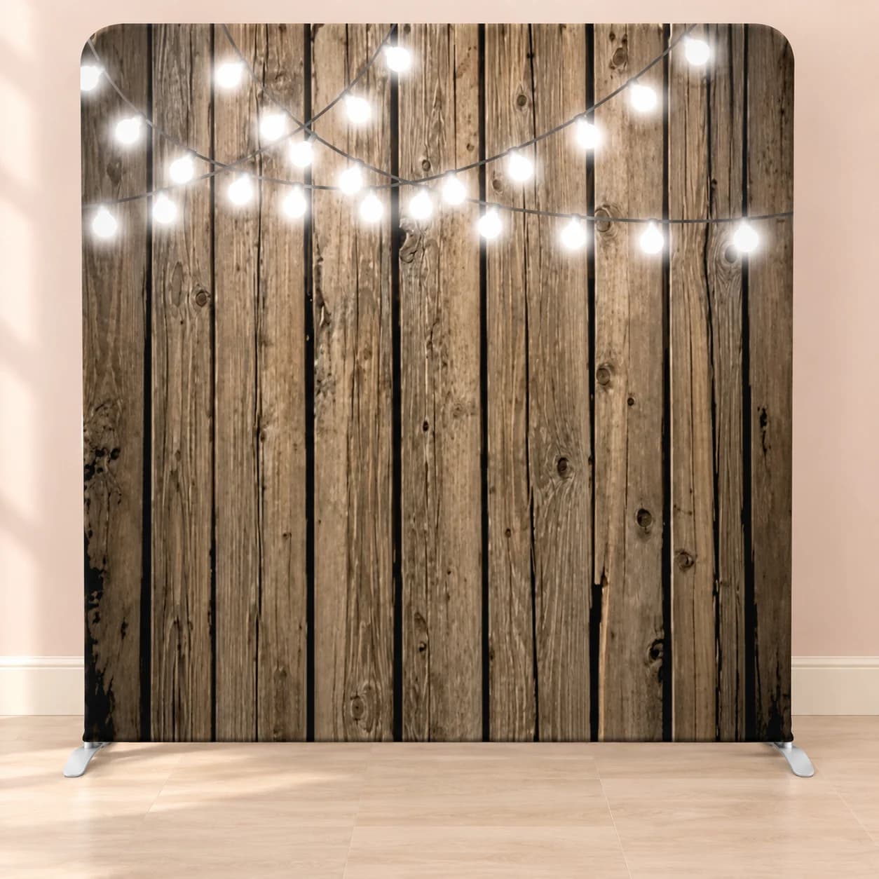 Fabric backdrop printed with rustic wood and string lights in an illustrative room