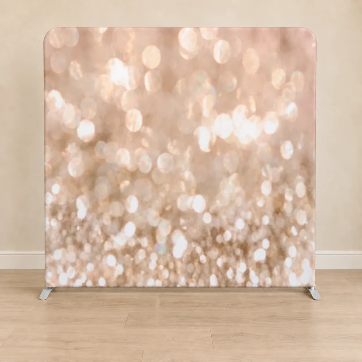 Fabric backdrop printed with large champagne bokeh circles in an illustrative room