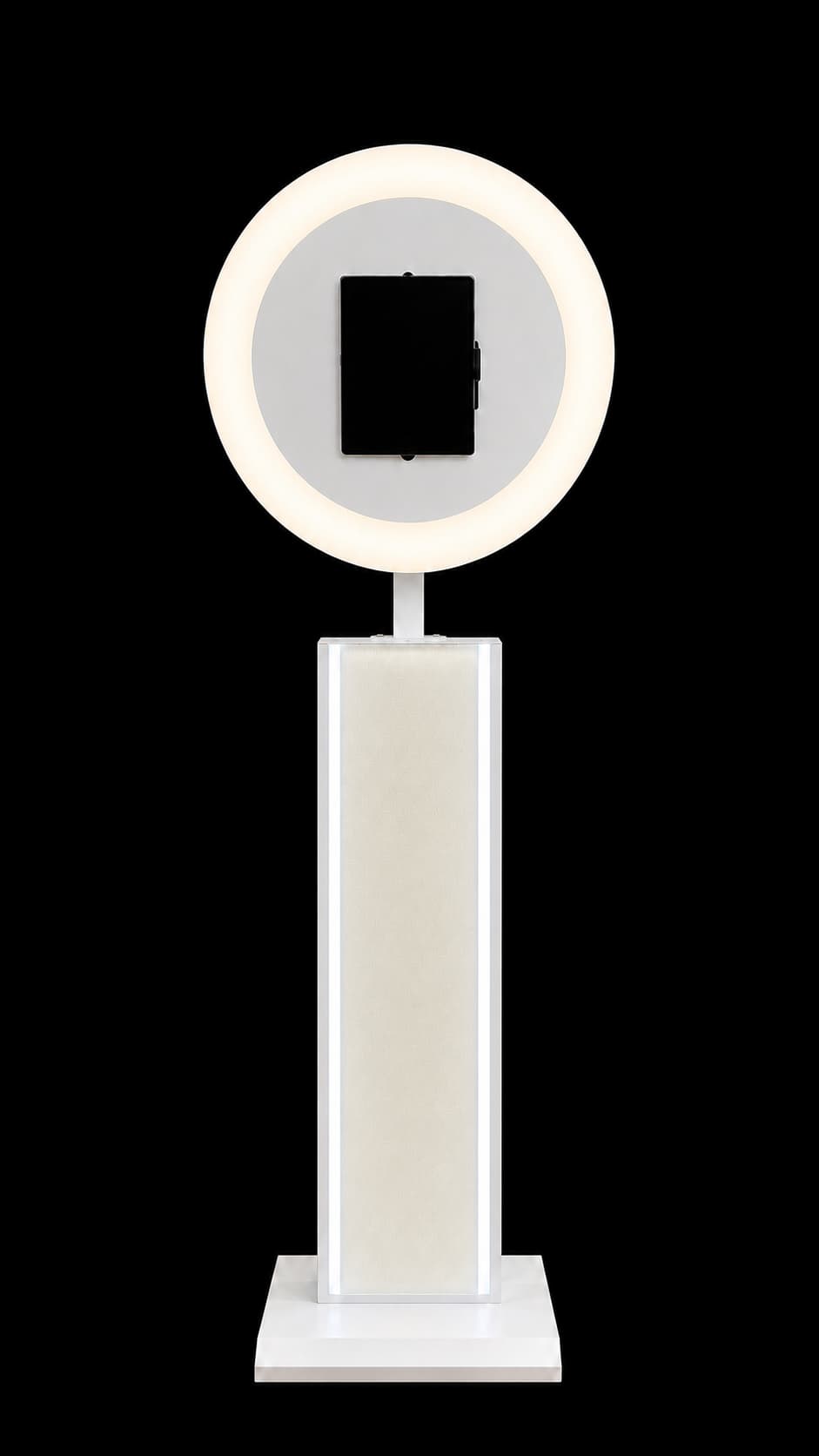 KandyBooth's exact white circular ring-light photo booth with a centered touchscreen and rectangular base
