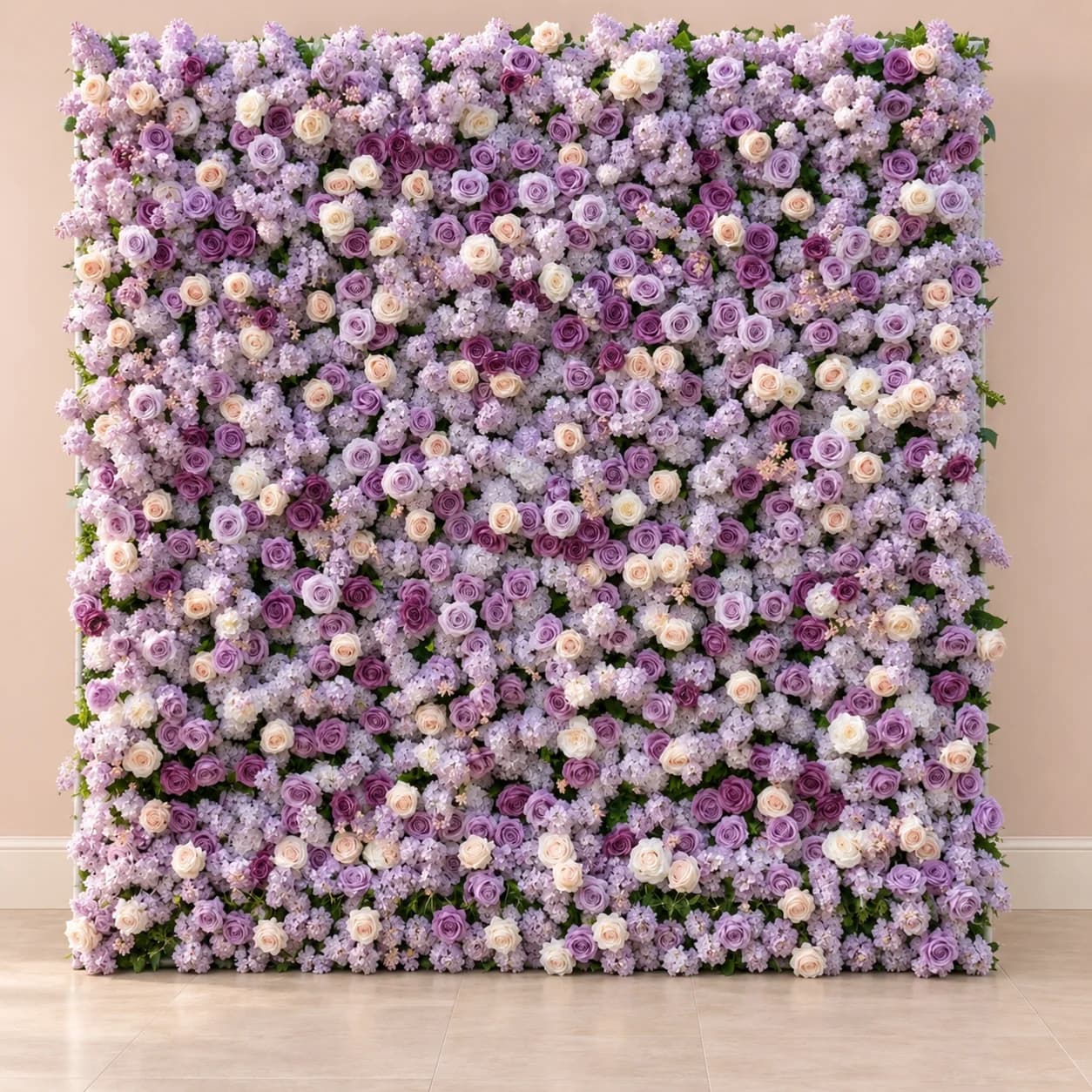 Dimensional lavender and ivory flower wall in an illustrative blush room