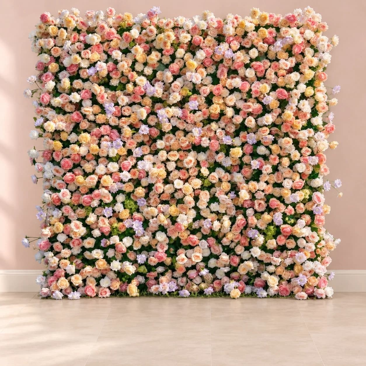 Dimensional pastel flower wall with peach, ivory, and lavender blooms in an illustrative room