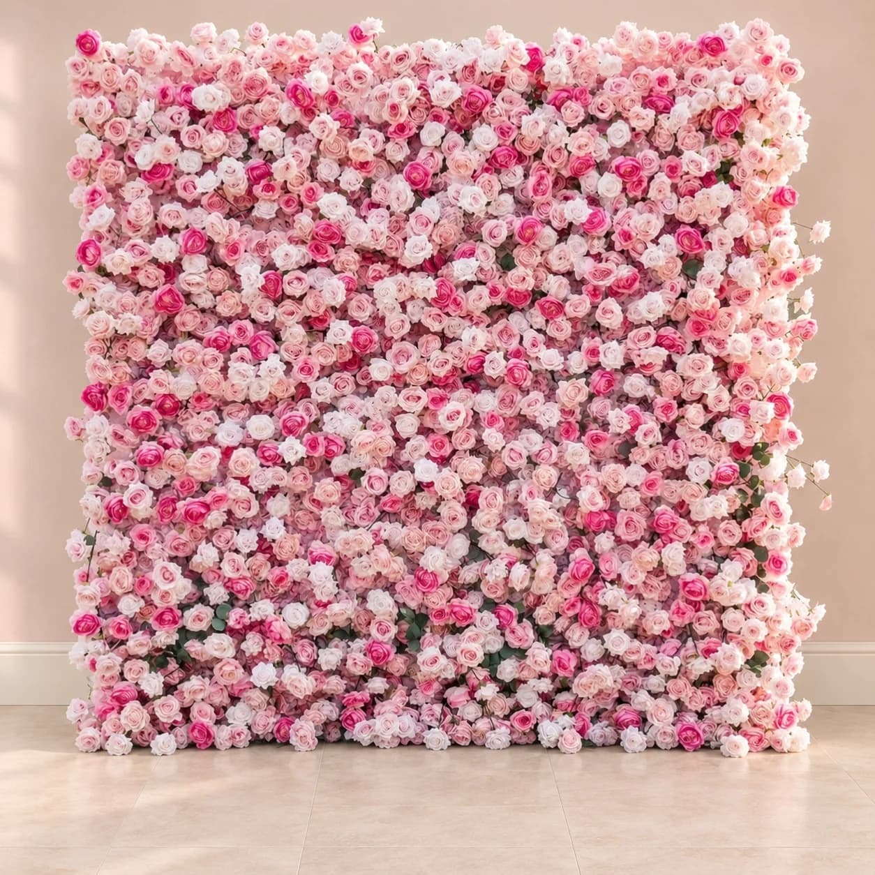 Dimensional pink and white flower wall with bright pink accents in an illustrative room