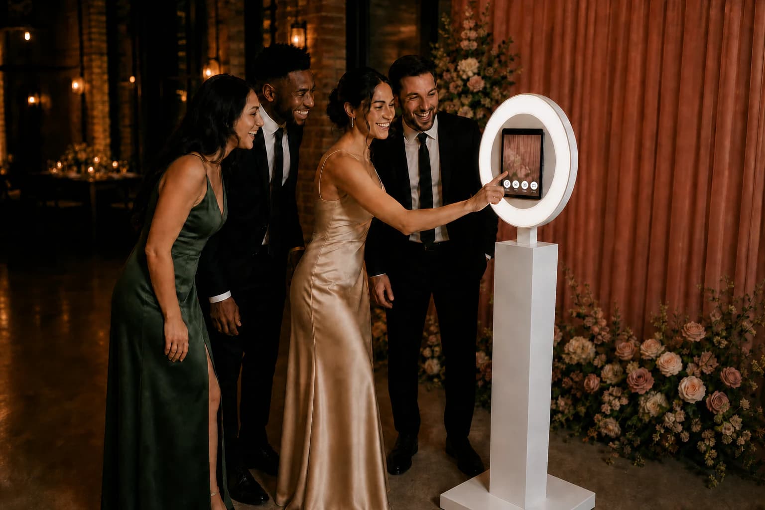 Guests choosing a capture mode on KandyBooth's circular ring-light photo booth at an elegant celebration