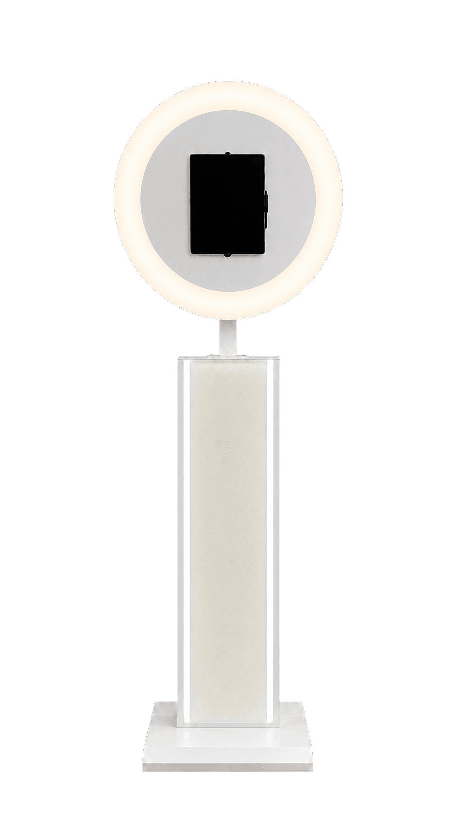 KandyBooth's exact white circular ring-light photo booth with a centered touchscreen and rectangular base